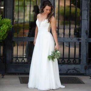V-Neck Crepe Ballgown with Jeweled Bodice